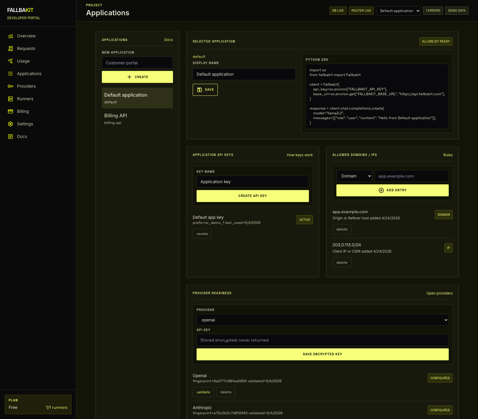 Fallbakit applications view focused on application API key management.