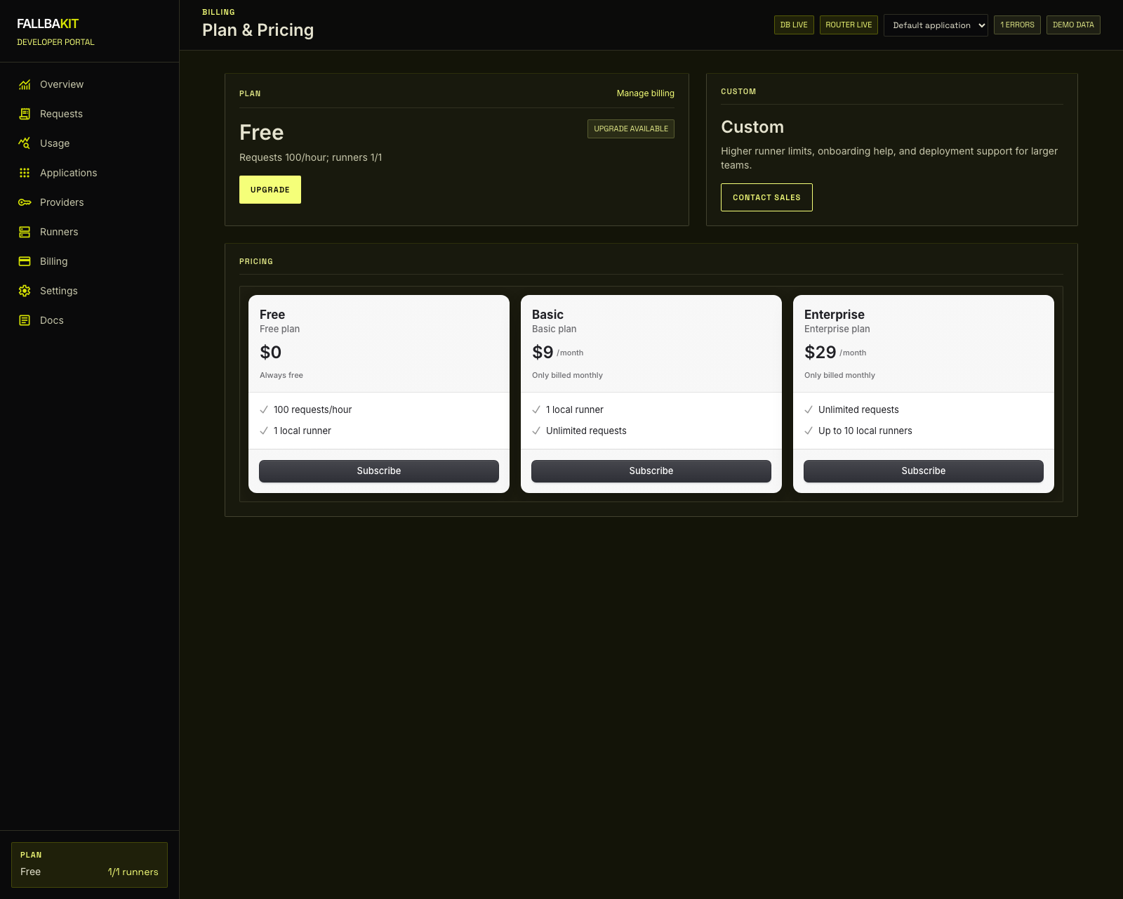 Billing and pricing view inside the Fallbakit dashboard showing current plan state and upgrade options.