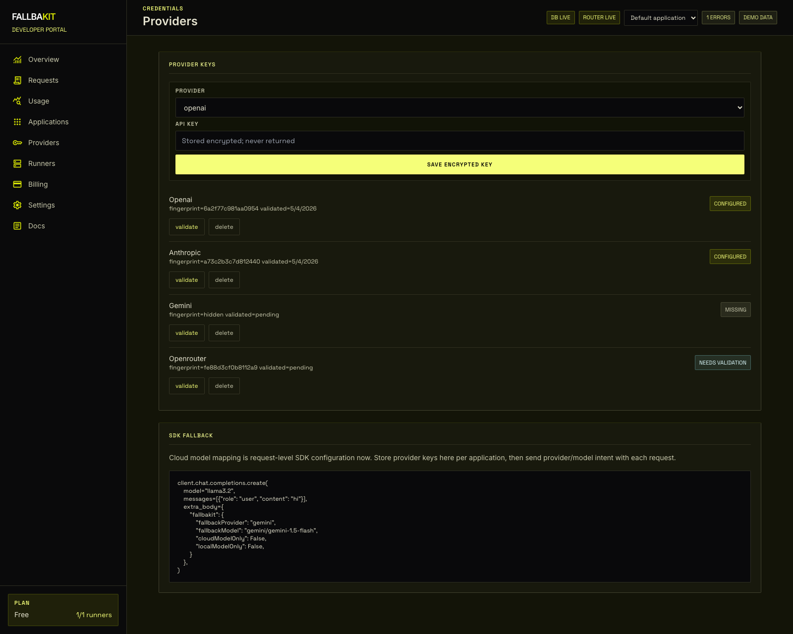 Provider key management in the Fallbakit dashboard showing configured fallback providers.